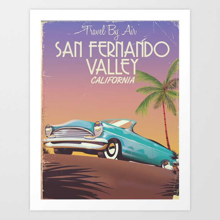 California Vintage Retro Travel Poster with Classic Car Palm Trees Photo Art Pri