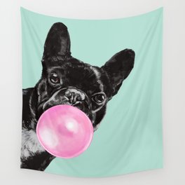 Bubble Gum Sneaky French Bulldog in Green Wall Tapestry