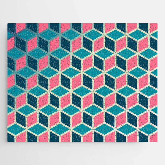 Blue and Pink Isometric Cubes Jigsaw Puzzle