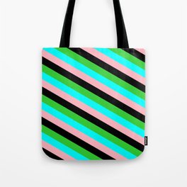 [ Thumbnail: Lime Green, Cyan, Light Pink & Black Colored Striped Pattern Tote Bag ]