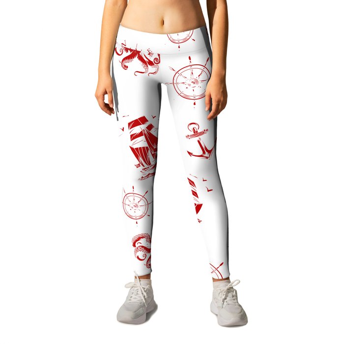 Red Silhouettes Of Vintage Nautical Pattern Leggings