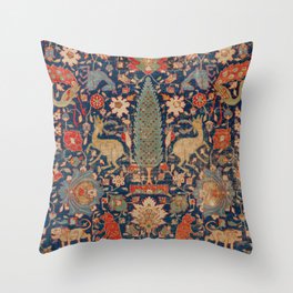 17th Century Persian Rug Print with Animals Throw Pillow