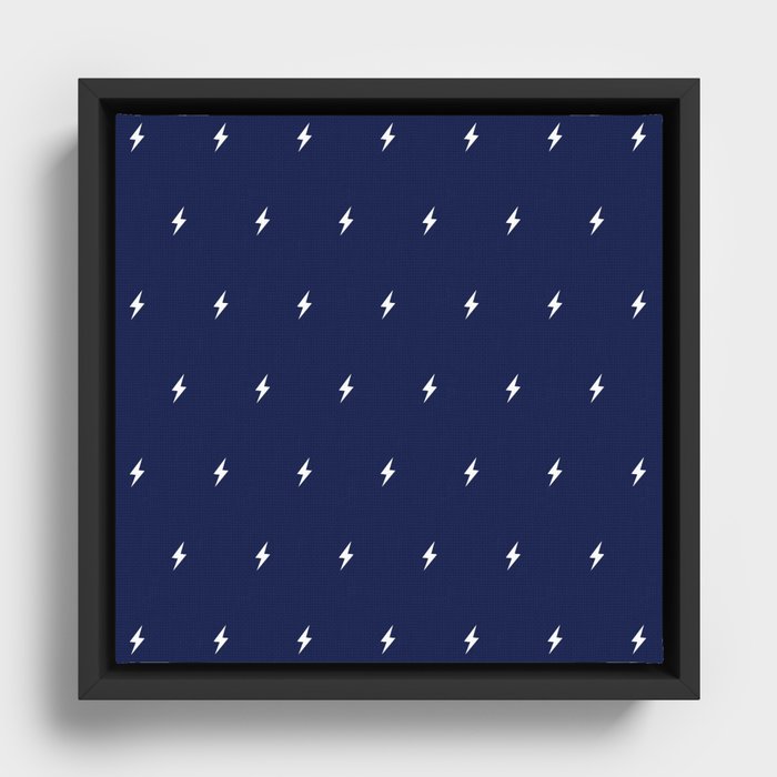 White Lightning Bolt pattern on Navy Blue background Framed Canvas