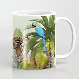 Lion Tiger Tropical Jungle Palm Banana Leaves Macaw Birds Butterflies Mug