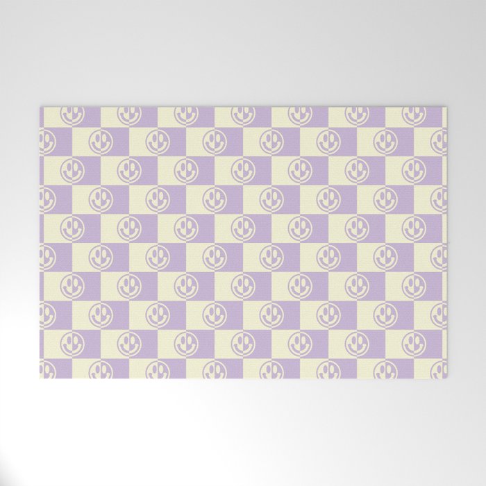 Smiley Faces On Checkerboard (Yellow Beige & Lilac)  Welcome Mat