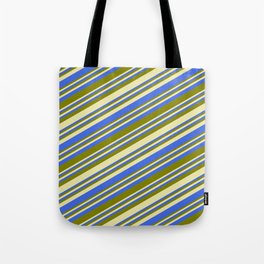 [ Thumbnail: Pale Goldenrod, Royal Blue, and Green Colored Lined Pattern Tote Bag ]
