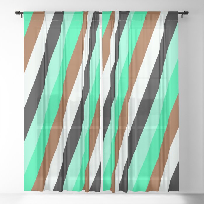 Colorful Aquamarine, Green, Brown, Mint Cream & Black Colored Striped Pattern Sheer Curtain