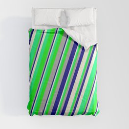 [ Thumbnail: Eyecatching Dark Gray, Dark Blue, Beige, Green & Lime Colored Striped/Lined Pattern Comforter ]