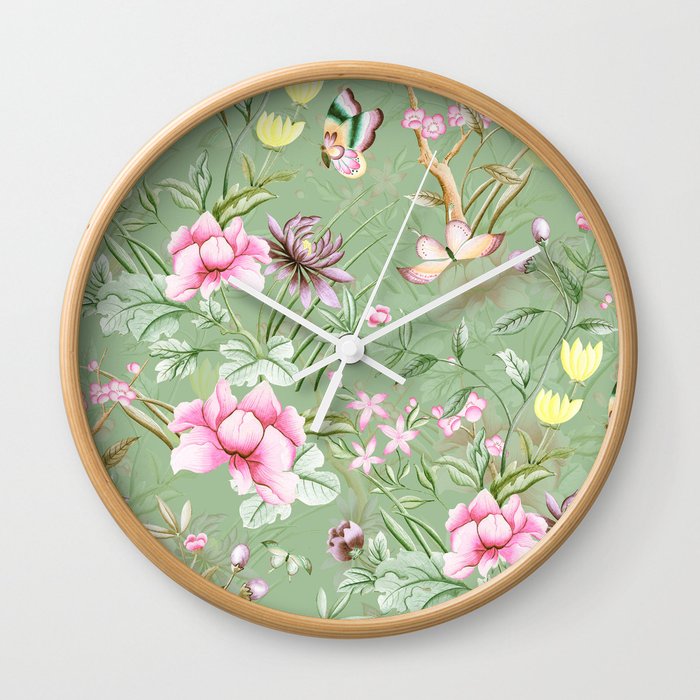 Vintage & Shabby Chic Chinoserie Pastel Spring Green Flowers And Birds Garden Wall Clock