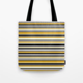 [ Thumbnail: Eyecatching Dim Grey, Goldenrod, Beige, Black & Grey Colored Pattern of Stripes Tote Bag ]