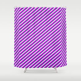[ Thumbnail: Fuchsia, Dark Slate Blue, and Light Cyan Colored Lines/Stripes Pattern Shower Curtain ]
