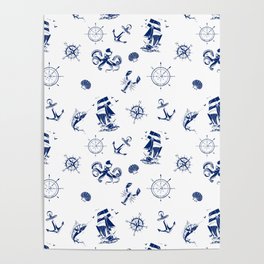 Blue Silhouettes Of Vintage Nautical Pattern Poster