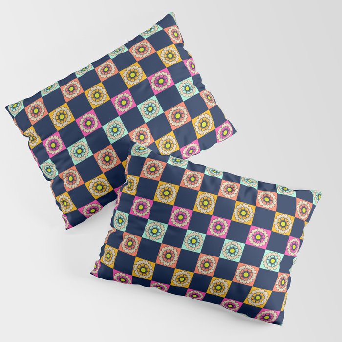 Bright block print flower checks - retro- navy, hot pink, yellow, orange Pillow Sham