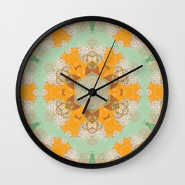 Gold and Blue Pastel Pattern with Brown Accent Wall Clock | Digital, Blue, Softgreen, Uniquepatterns, Graphicdesign, Pastel, Kaleidosope, Pattern, Blueandgold, Decorative 
