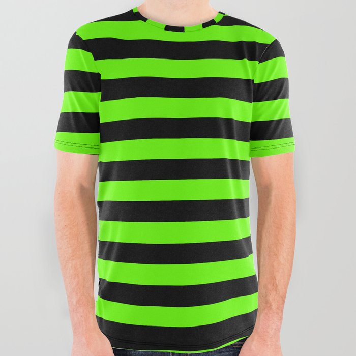 Bright Green and Black Horizontal Stripes All Over Graphic Tee by