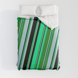 [ Thumbnail: Green, Forest Green, Powder Blue, and Black Colored Striped/Lined Pattern Duvet Cover ]