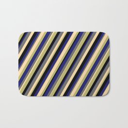 [ Thumbnail: Vibrant Dim Grey, Tan, Dark Khaki, Black, and Midnight Blue Colored Lines Pattern Bath Mat ]