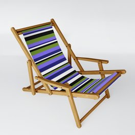 [ Thumbnail: Eye-catching Black, Green, Medium Slate Blue, Midnight Blue, and White Colored Stripes/Lines Pattern Sling Chair ]