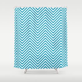 Bondi Blue on White Chevron Wave Pattern Shower Curtain