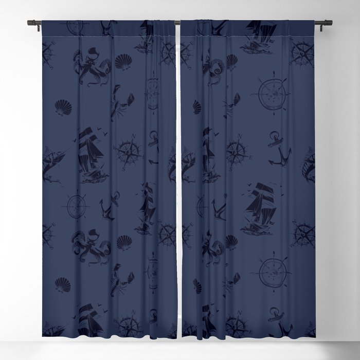 Navy Blue And Blue Silhouettes Of Vintage Nautical Pattern Blackout Curtain