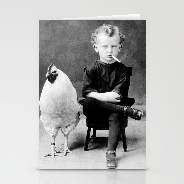 Smoking Boy with Chicken black and white photograph - photography - photographs Stationery Cards