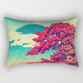 The New Year in Hisseii - Autumn Tree & Mountain by the Ocean Ukiyoe Nature Landscape in Red & Blue Rectangular Pillow