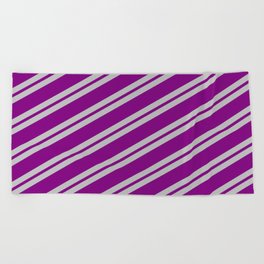 [ Thumbnail: Grey and Purple Colored Lined Pattern Beach Towel ]