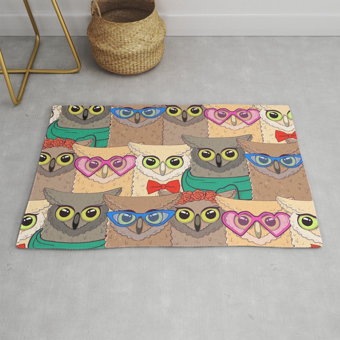 Pattern with cute owls with trendy accessories - glasses, bow-tie, flowers, scarf Rug