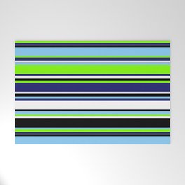 [ Thumbnail: Colorful Light Sky Blue, Chartreuse, Midnight Blue, White & Black Colored Striped/Lined Pattern Welcome Mat ]