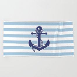 Retro Navy Anchor and Stripes Pattern 226 Blue Beach Towel
