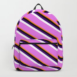 [ Thumbnail: Eye-catching Dark Orange, Black, Indigo, White & Violet Colored Striped/Lined Pattern Backpack ]