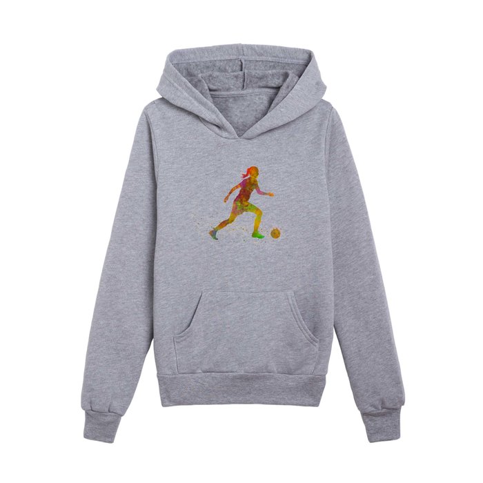 Young soccer kicking in watercolor Kids Pullover Hoodie
