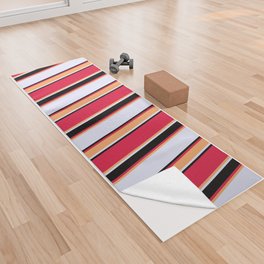 [ Thumbnail: Lavender, Brown, Crimson, and Black Colored Striped Pattern Yoga Towel ]