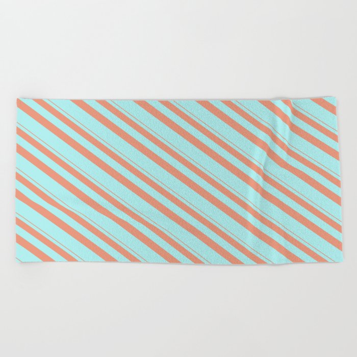 Dark Salmon & Turquoise Colored Lines Pattern Beach Towel