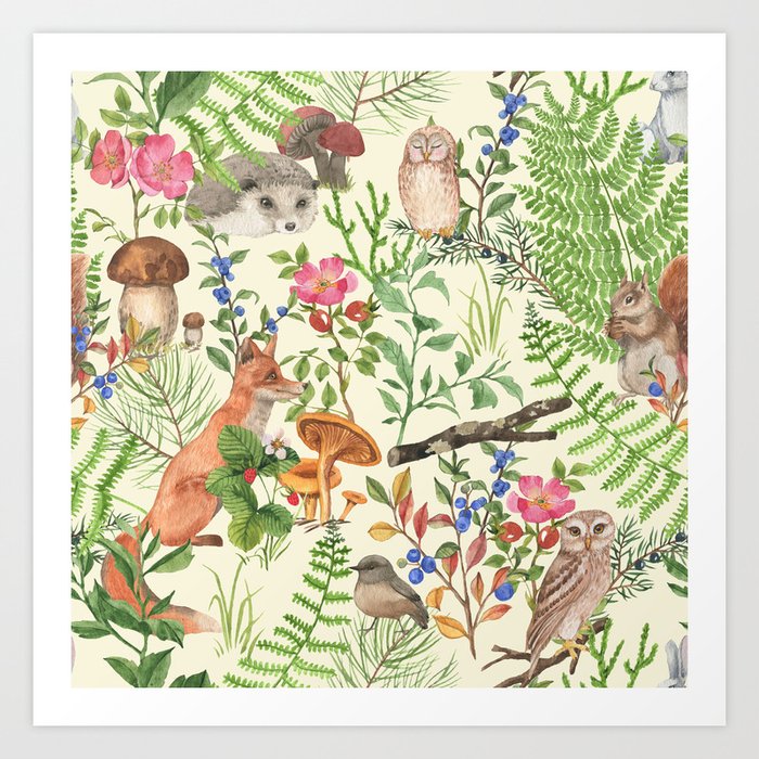 Hand drawn seamless pattern with watercolor forest animals and plants.  Pattern for kids, wood inhabitants, cute animals Art Print by Castle Makers  | Society6