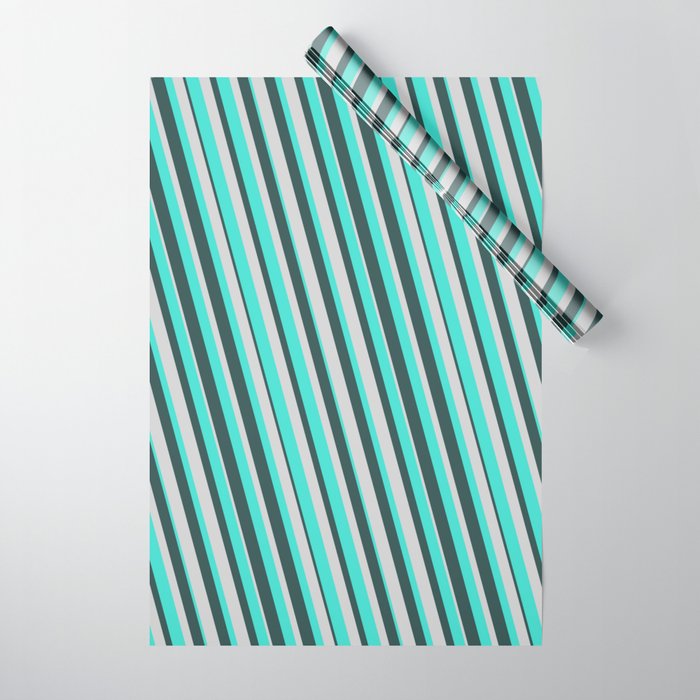 Turquoise, Dark Slate Gray, and Light Gray Colored Pattern of Stripes Wrapping Paper