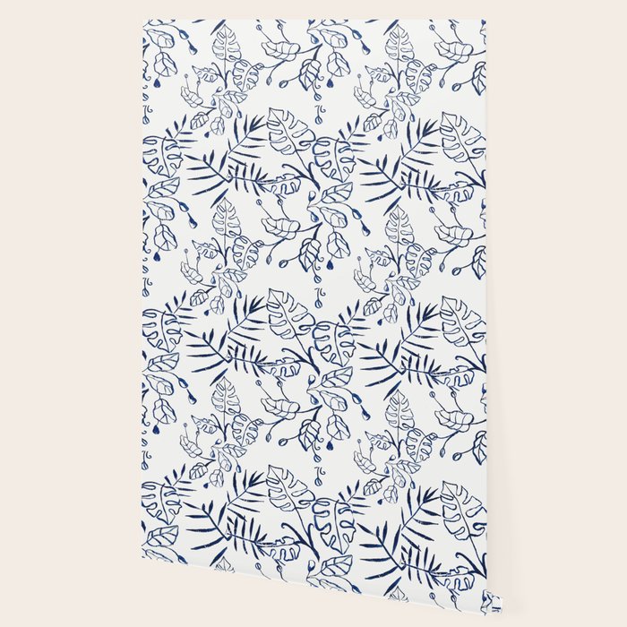 Tropical Plant Boho Chinoiserie Blue And White Wallpaper By Jenniferrizzo Society6