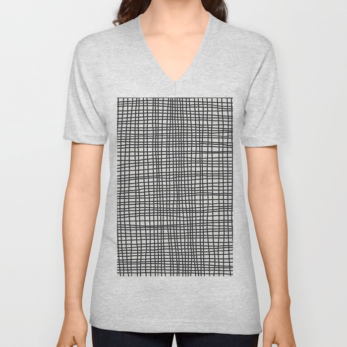 Black and White Plaid Checker V Neck T Shirt