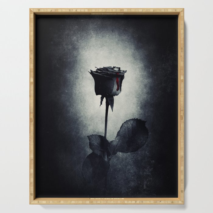 Goth Black Rose Dripping Blood on Black Grunge Serving Tray