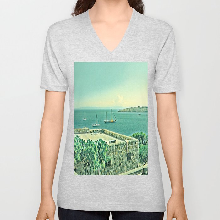 Retro turquoise blue sky over the turkish Harbor Bodrum Castle sea view V Neck T Shirt