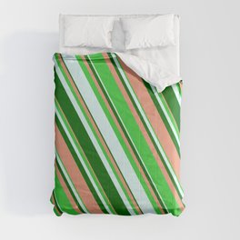 [ Thumbnail: Dark Salmon, Lime Green, Light Cyan, and Dark Green Colored Stripes/Lines Pattern Comforter ]