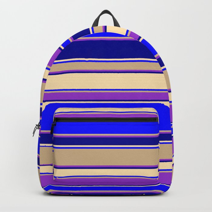 Colorful Dark Orchid, Dark Blue, Beige, Blue & Tan Colored Striped Pattern Backpack