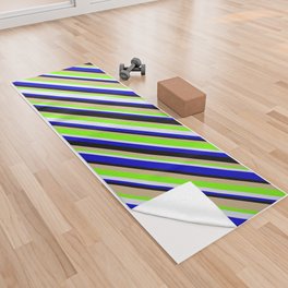 [ Thumbnail: Eye-catching Green, Lavender, Blue, Black, and Tan Colored Lined/Striped Pattern Yoga Towel ]
