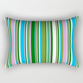 [ Thumbnail: Green, Plum, Dark Green, White & Deep Sky Blue Colored Stripes Pattern Rectangular Pillow ]