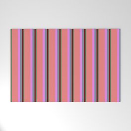 [ Thumbnail: Vibrant Sea Green, Maroon, Light Slate Gray, Violet & Light Coral Colored Stripes Pattern Welcome Mat ]