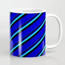 [ Thumbnail: Aqua, Black & Blue Colored Lines/Stripes Pattern Coffee Mug ]