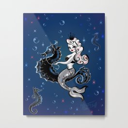 Pearla the Mermaid Riding on a Seahorse Metal Print | Drawing, Mermaidstyle, Missfluff, Mermaiddesign, Mermaid, Vintage, Mermaidtattoo, Seahorses, Retromermaid, Vintagemermaid 