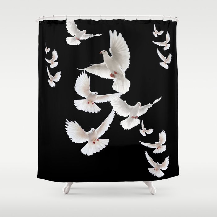 WHITE PEACE DOVES ON BLACK COLOR DESIGN ART Shower Curtain