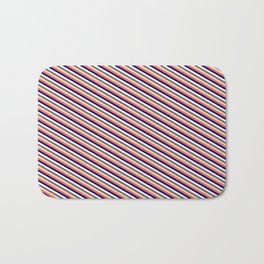 [ Thumbnail: Eye-catching Red, Blue, White, Dim Gray & Tan Colored Lined/Striped Pattern Bath Mat ]