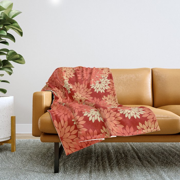 Modern Floral Kimono Print, Mandarin Orange Throw Blanket